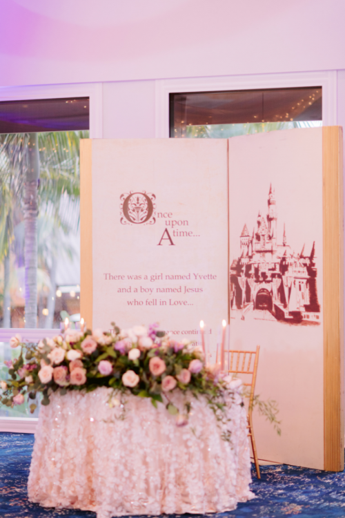 wedding reception, reception decor, sweetheart table, sleeping beauty pavilion, Disneyland Hotel