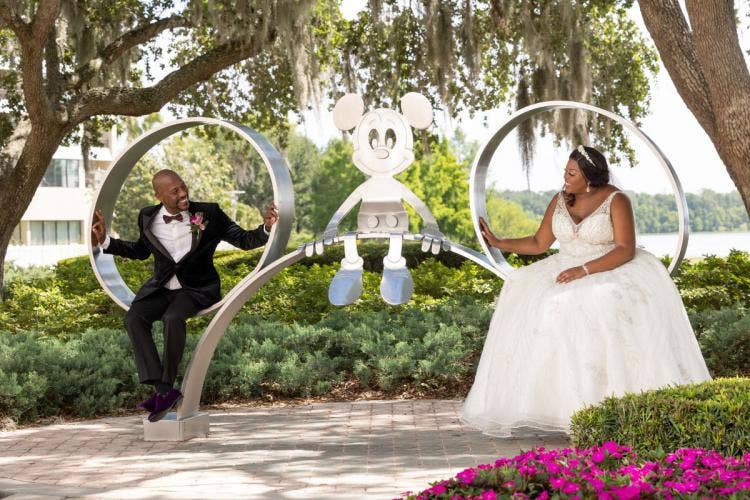 bride and groom, couple, portrait, couple portrait, contemporary, contemporary resort, mickey statue
