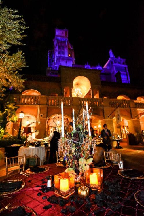 wedding reception, reception, reception decor, candles, candlebra, custom decor, halloween, halloween decor, hollywood studios, tower of terror, tower of terror courtyard