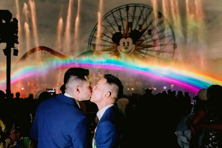 lgbtq, lgbtq couple, thai wedding, thai outfits, rainbow, disneyland, california adventure, world of color, water show, light show, nighttime show
