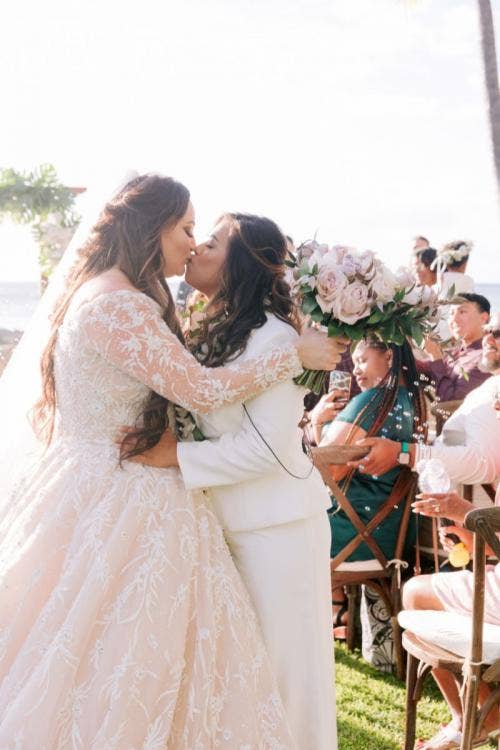lgbtq, bride bride, wedding ceremony, ceremony, Aulani, Hawaii, lanikuhonua, kiss, exit, ceremony exit