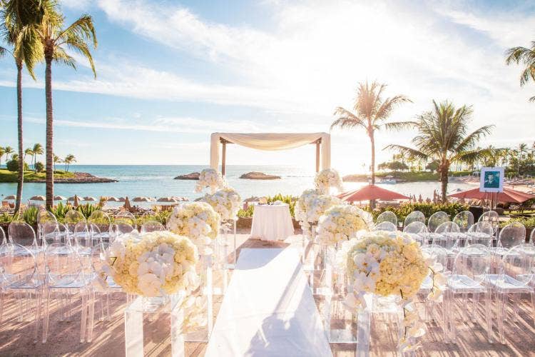 decorated wedding ceremony, wedding ceremony, ceremony, ceremony floral, aisle floral, white draft, altar arch, aisle runner, aulani, ama ama, ama ama patio