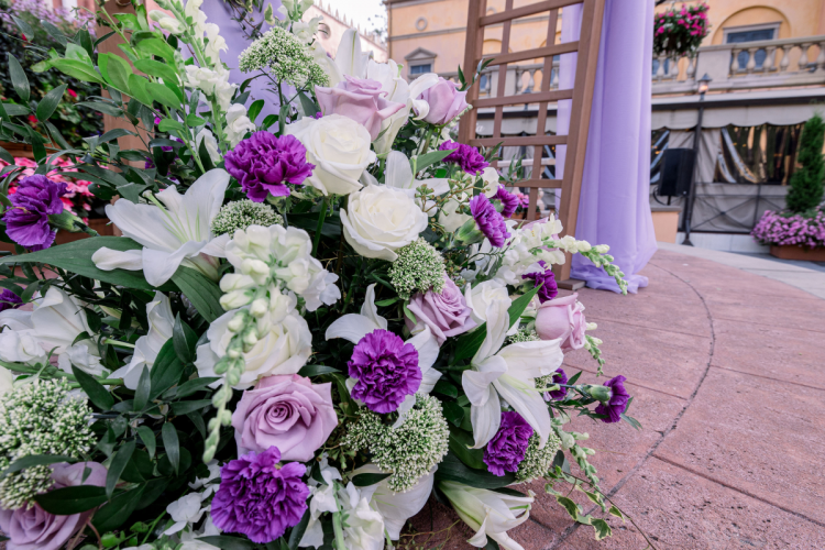 altar, altar area, altar decor, altar floral, floral, purple, purple floral, wedding ceremony, ceremony, ceremony floral, italy, epcot, italy pavilion, italy plaza