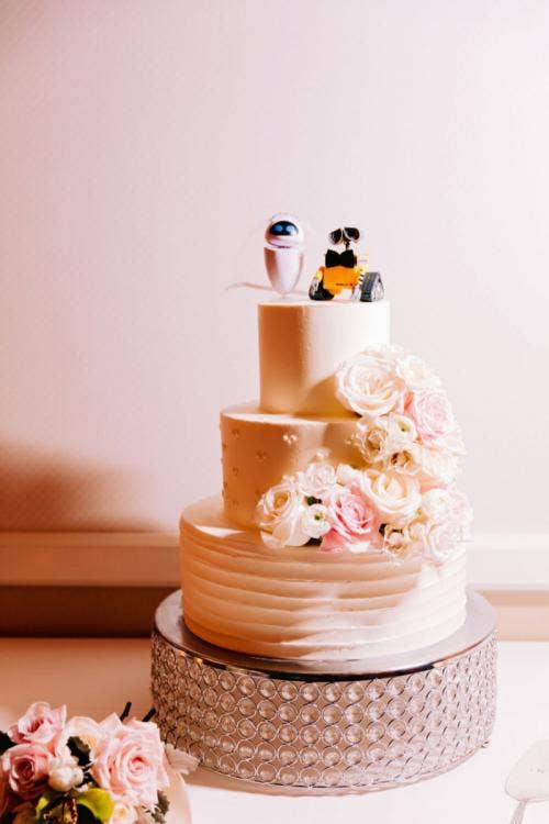 2 tier wedding cake, two tier wedding cake, wedding cake, cake, cake topper, custom cake topper, wall-e, Disneyland