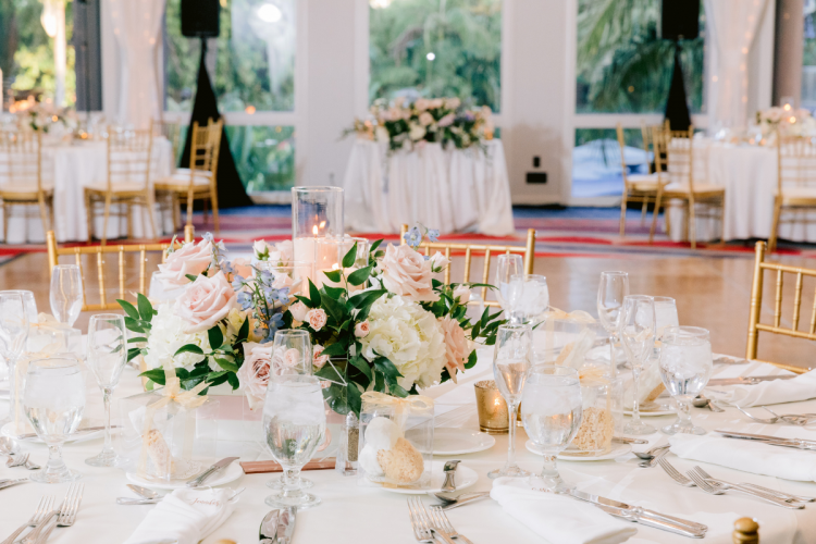 decorated wedding reception, wedding reception, reception, floral centerpieces, centerpieces, pink floral, disneyland, Disneyland Hotel, sleeping beauty pavilion, cinderella-inspired, gold decor, gold accents