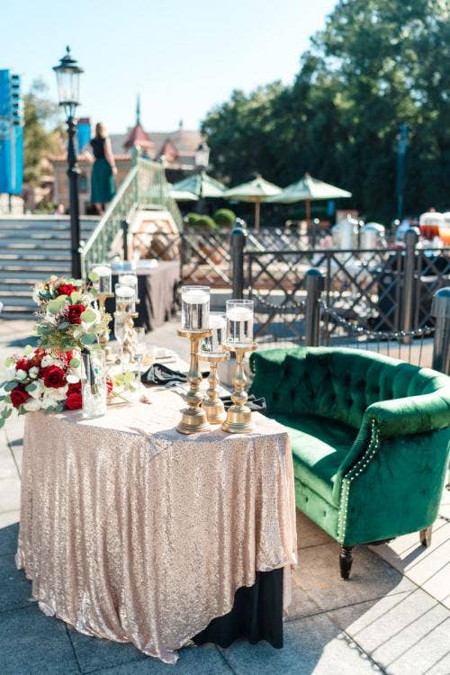 wedding reception, reception, reception decor, table decor, holiday, holiday decor, floating candles, candles, custom seating, reception seating, lounge seating, Epcot, Italy, Italy pavilion, Italy Isola