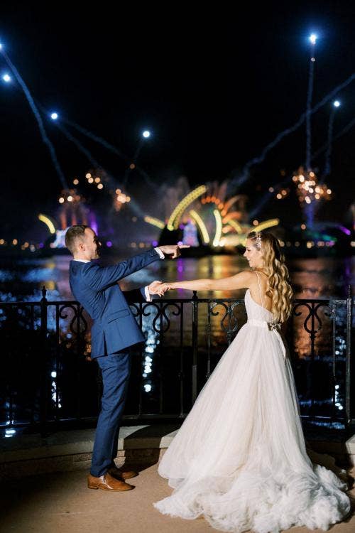 bride and groom, couple, candid, fireworks, Epcot, fireworks dessert party, dessert party, Epcot fireworks