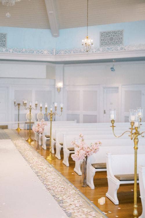 wedding ceremony, ceremony, aisle decor, aisle floral, bonsai floral, bonsai tree, pink floral, pink bonsai, Disney's wedding pavilion, wedding pavilion, gold candelabras, gold decor, cherry blossoms