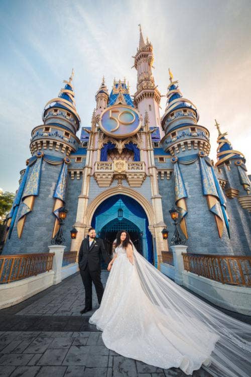 bride and groom, couple, portrait, couple portrait, magic kingdom, cinderella's castle, castle, diversity
