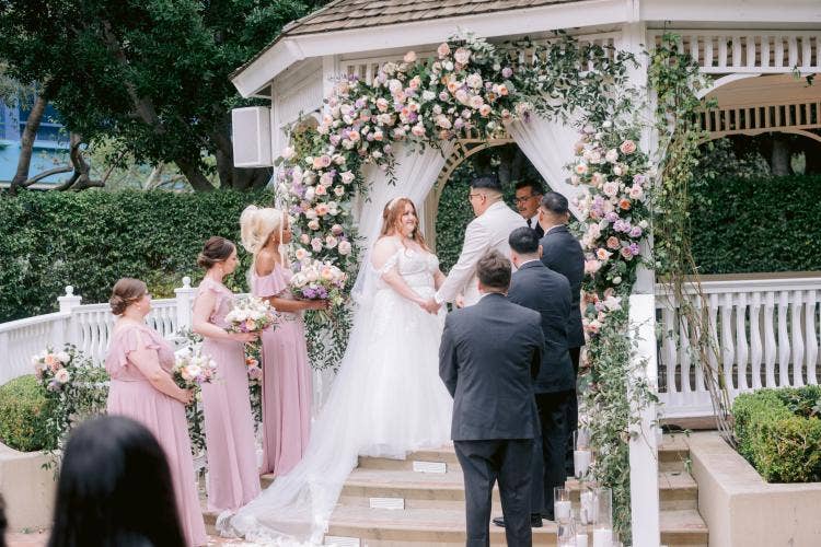 couple, wedding ceremony, ceremony, rose court garden, Disneyland Hotel