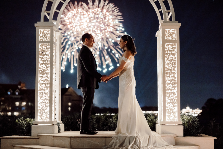 bride and groom, couple, portrait, couple portrait, picture point, disney's wedding pavilion, wedding pavilion, grand floridian, grand floridian resort, disney's grand floridian resort & spa, fireworks