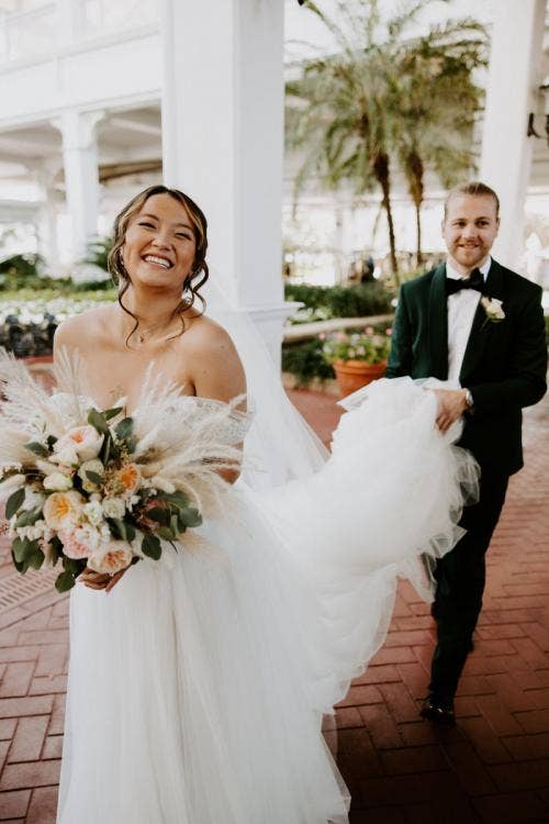bride and groom, portrait, couple portrait, grand Floridian, Disney's grand Floridian resort, boho floral, bridal bouquet, personal floral, floral
