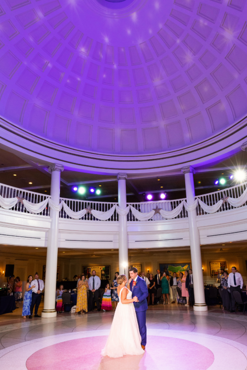 couple, first dance, dance, wedding reception, reception, custom up lighting, aa rotunda, American adventure rotunda, epcot