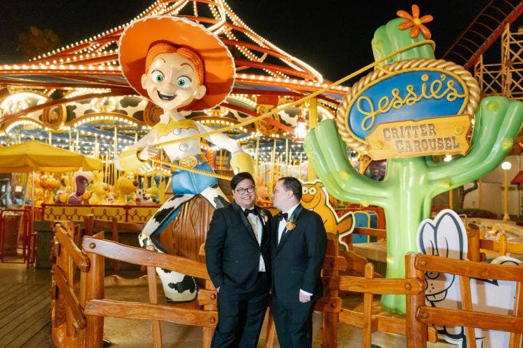 groom groom, lgbtq, lgbtq couple, couple, attraction, attraction mix-in, mix-in, toy story mania, toy story mania mix-in, disneyland, california adventure