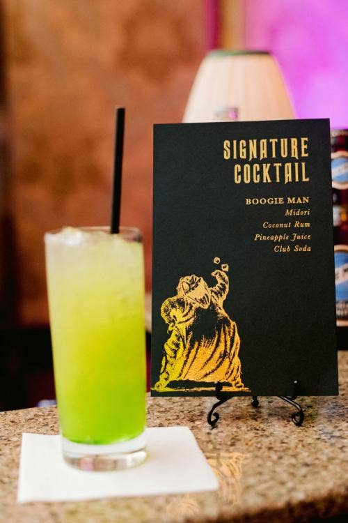 wedding reception, reception, signature cocktail, food and beverage, drink, signature drink, halloween, halloween theme, oogie boogie, nightmare before christmas