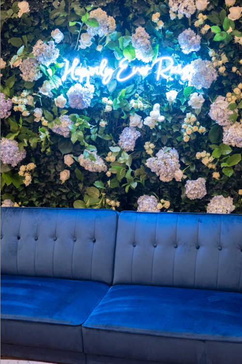 neon sign, wedding reception decor, floral wall, disney wedding, disney wedding reception