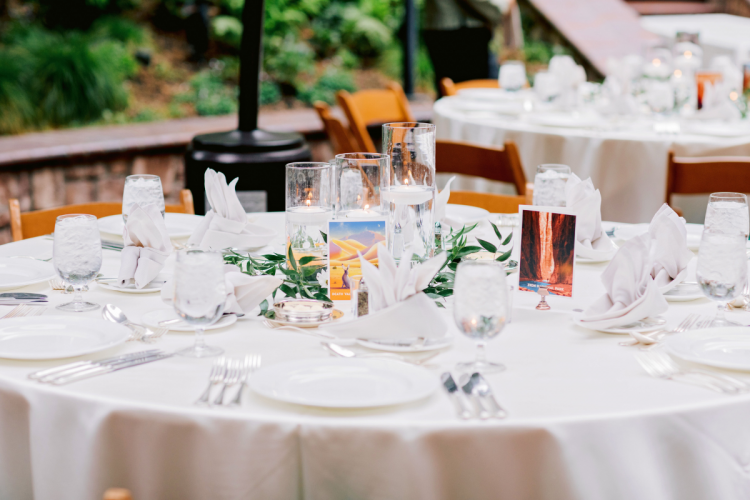 wedding reception, reception decor, table setting, reception table settings, custom table settings, floating candles, candles, centerpieces, brisa courtyard, disneyland