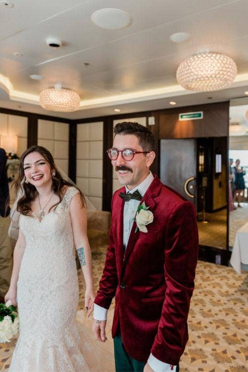 bride and groom, couple, entrance, wedding reception, reception, disney cruise line, cruise line, cruise, disney cruise, cruise wedding, cake and champagne, celebration, wedding celebration, disney dream