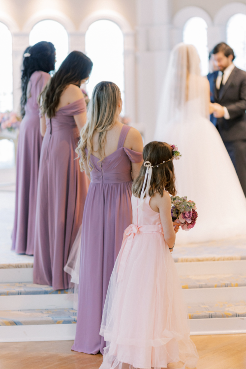bridal party, bridesmaid dresses, pink bridesmaid dresses, wedding ceremony, bridal party at wedding ceremony