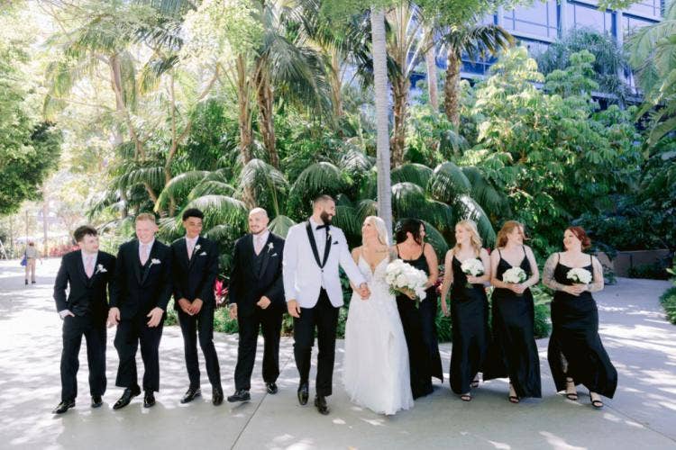 bride and groom, couple, portrait, wedding party, bridal party, Disneyland, Disneyland Hotel