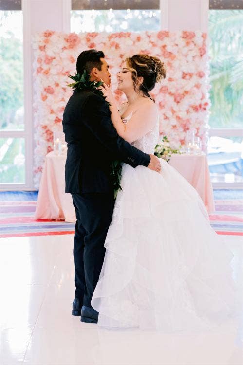 First Dance, Disney Wedding, Bride and Groom, Dance Floor, Floral Wall, Pink Wedding
