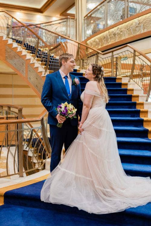 bride and groom, couple, portrait, cruise line, Disney cruise line, cruise, atrium, cruise atrium