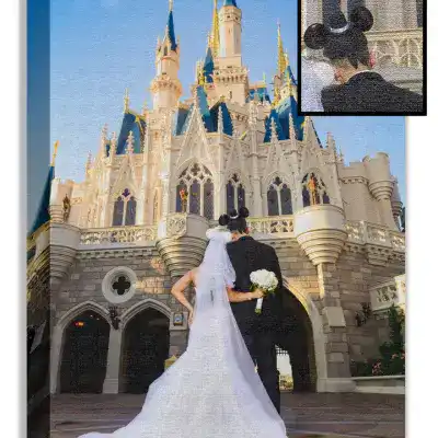 A Gallery Wrap Album with a bride and groom facing Cinderella Castle at Walt Disney World Resort