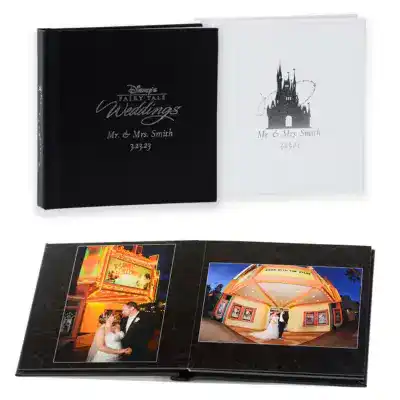 Covers of a Jasmine Album and photos of a bride and groom at Planet Hollywood on pages inside