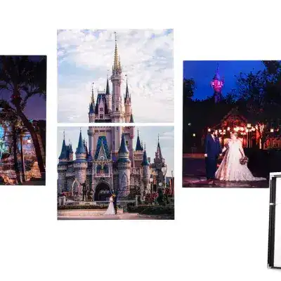 Metal prints of wedding portraits at Walt Disney World Resort, including one at Cinderella Castle