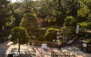 Flower petals scattered along an aisle near a large Japan-inspired building and many lush trees