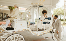 A bride stepping down from Cinderella's Coach into the arms of her groom