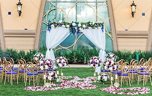 Chairs arranged on lawn facing a large building with many windows and floral decorations