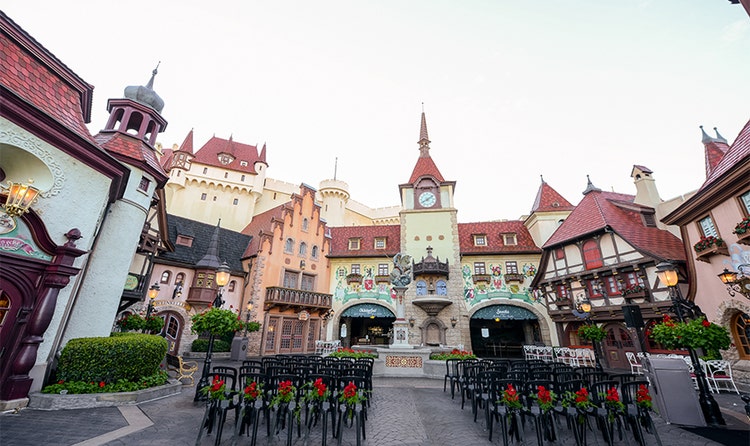 Chairs and flowers arranged for a wedding ceremony in the Germany pavilion