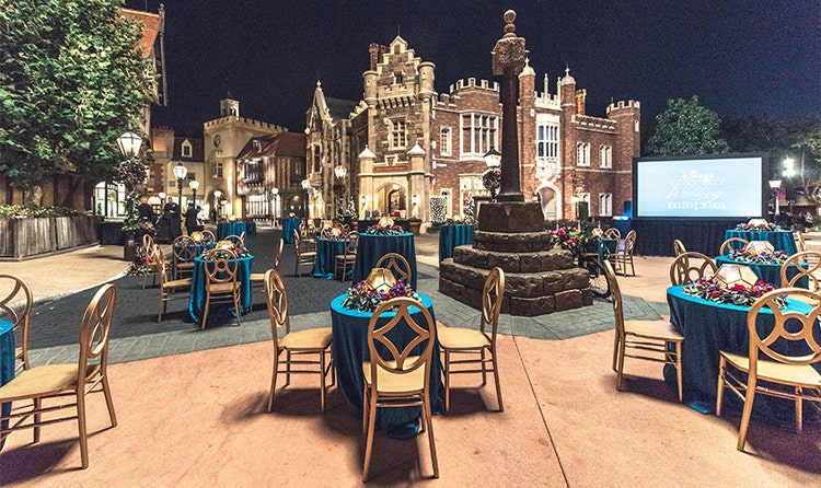 Chairs and tables in the United Kingdom Pavilion at EPCOT