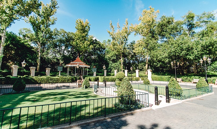 A courtyard and gazebo in the United Kingdom Pavilion at EPCOT