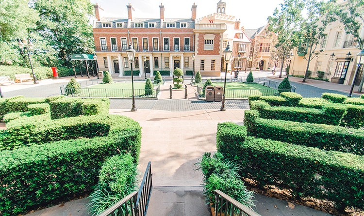 A walkway leading to a street in the United Kingdom Pavilion at EPCOT