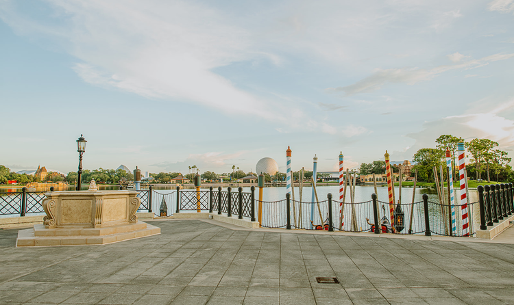 World Showcase Lagoon and several EPCOT pavilions are visible from a landing at Italy Isola