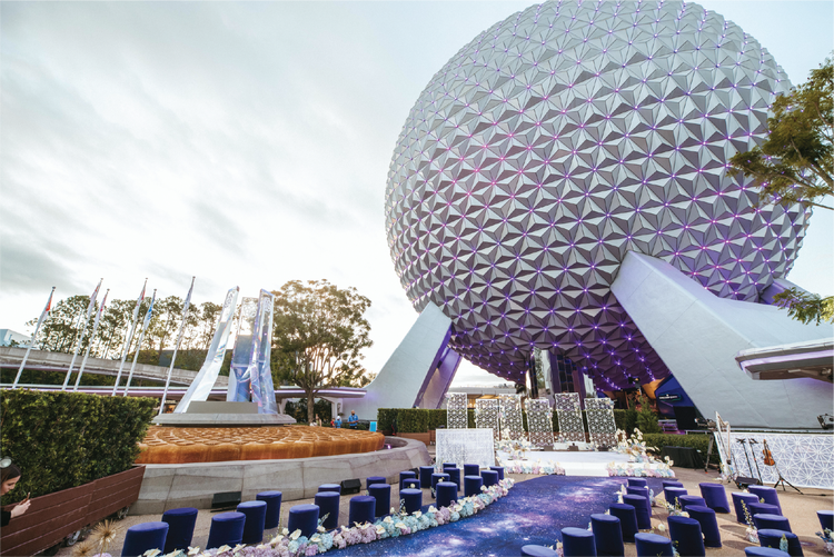 EPCOT World Plaza courtyard decorated for a wedding in the daytime