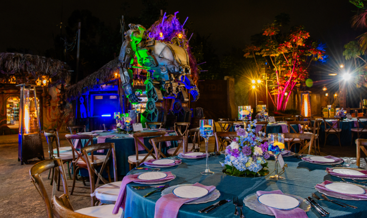 A space arranged for a wedding ceremony in front of a waterfall coming from a floating mountain in Pandora The World of Avatar