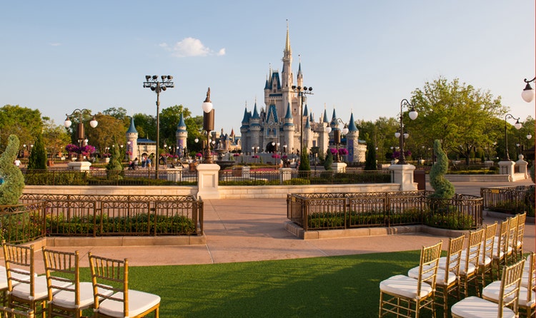 Cinderella's Castle stands amid the lush trees and manicured shrubs of Magic Kingdom