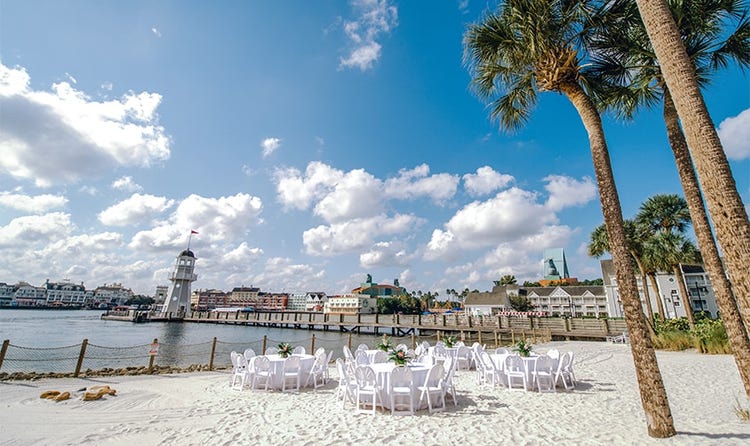 Five tables surrounded by chairs on a beach near a cluster of palm trees