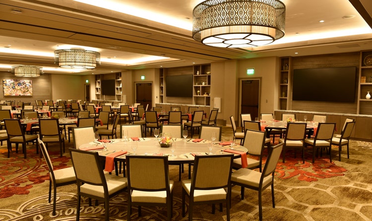 Several tables with chairs arranged in a carpeted room with large circular light fixtures on the ceiling