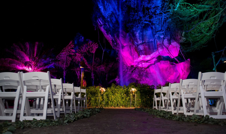 A space arranged for a wedding ceremony in front of a waterfall coming from a floating mountain in Pandora The World of Avatar