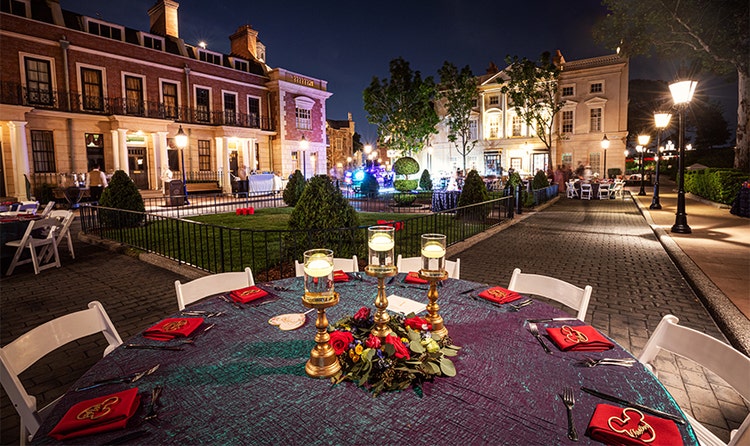 Chairs and tables in the United Kingdom Pavilion at EPCOT