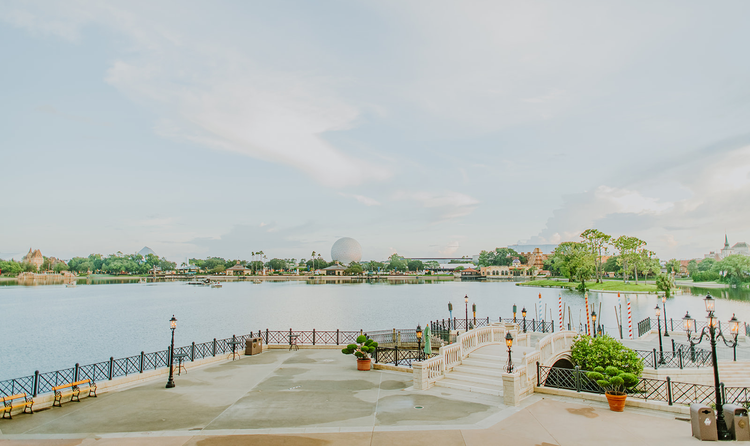 Several EPCOT pavilions are visible from the landing at Italy Isola