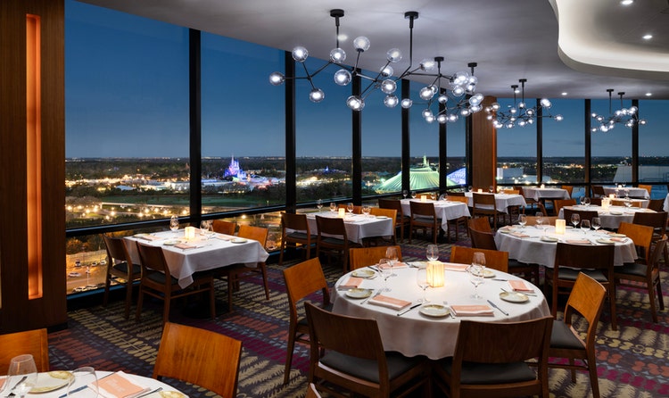 The dining room at California Grill in Disney’s Contemporary Resort with view of Magic Kingdom park