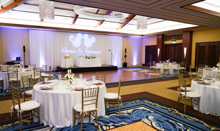The spacious Kaiona Ballroom featuring tables and chairs around a dance floor