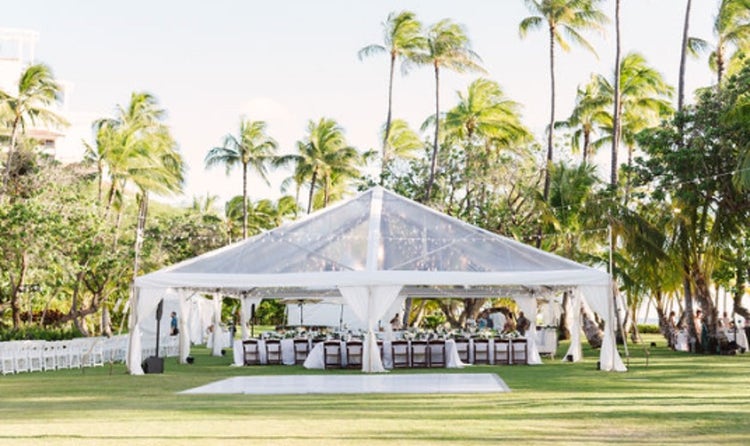 A long table and chairs beneath a large tent surrounded by palm trees