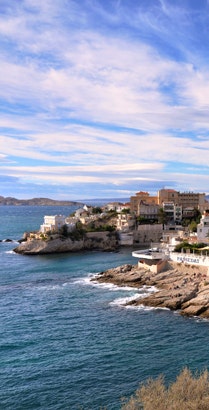 An aerial view of Malmousque village near the sea in Marseille, France